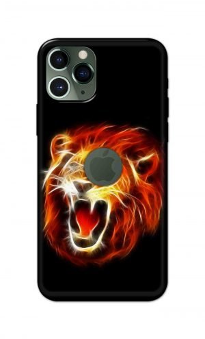 For Apple iPhone 11 Pro Max Logo Cut Printed Mobile Case Back Cover Pouch (Lion Fire)